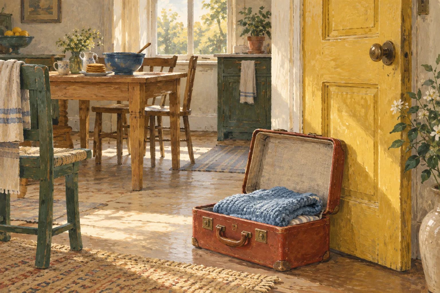 Illustration of a red suitcase and blue blanket beside a yellow kitchen door.