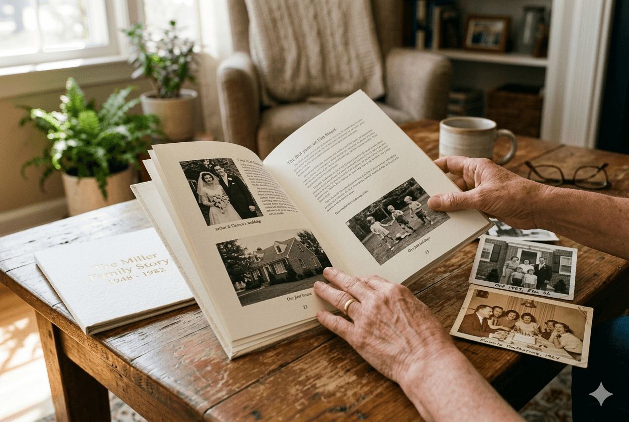 Open family keepsake book on a wooden table beside old family photographs.