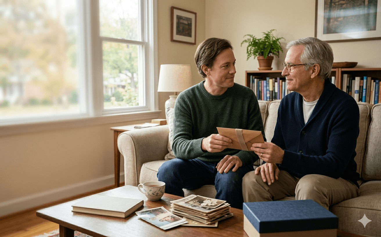 Adult son handing an older father an envelope with printed family photos and a keepsake box nearby.
