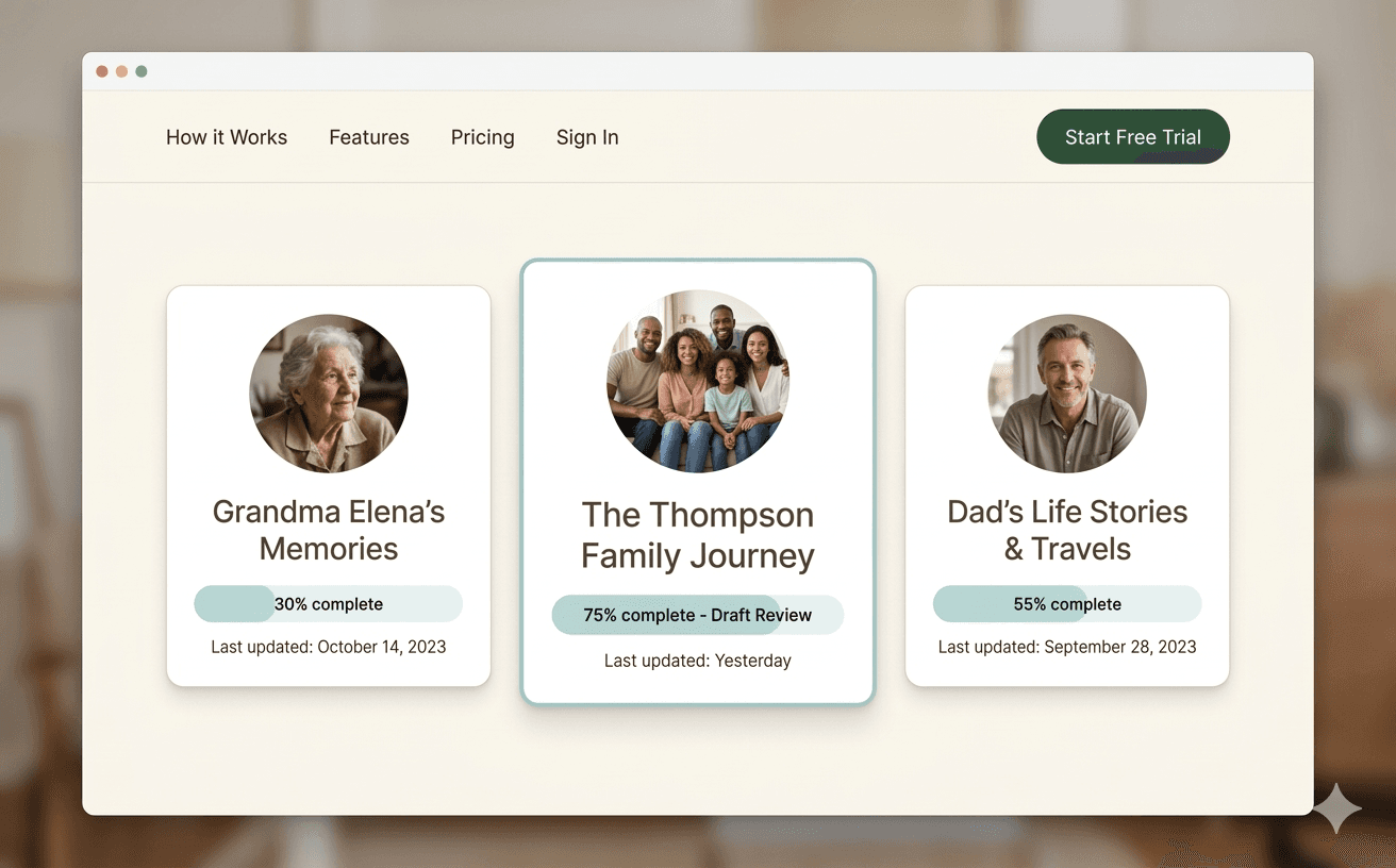 Preview of MemoirNest's private family story archive with multiple memoir projects.