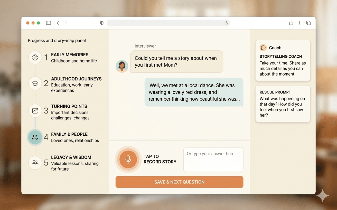 Preview of MemoirNest's calm guided interview experience with progress map and storytelling coach.