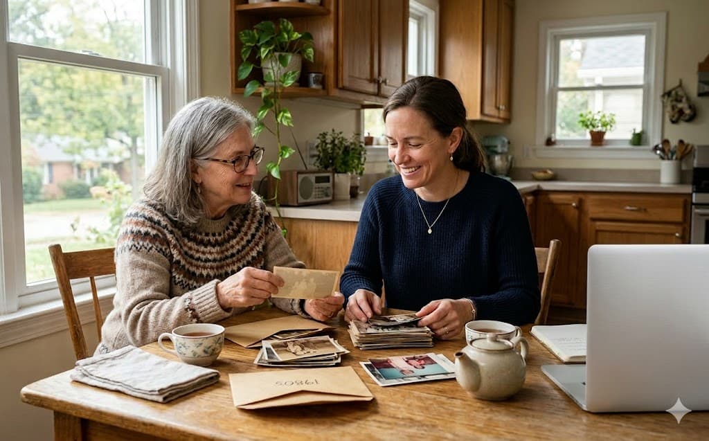 An older mother and adult daughter smiling together at a kitchen table with printed family photos and a laptop nearby.